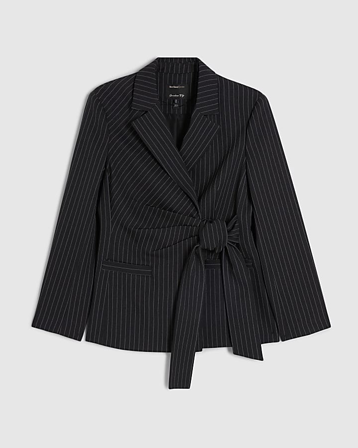 Black Stripe Tie Waist Blazer