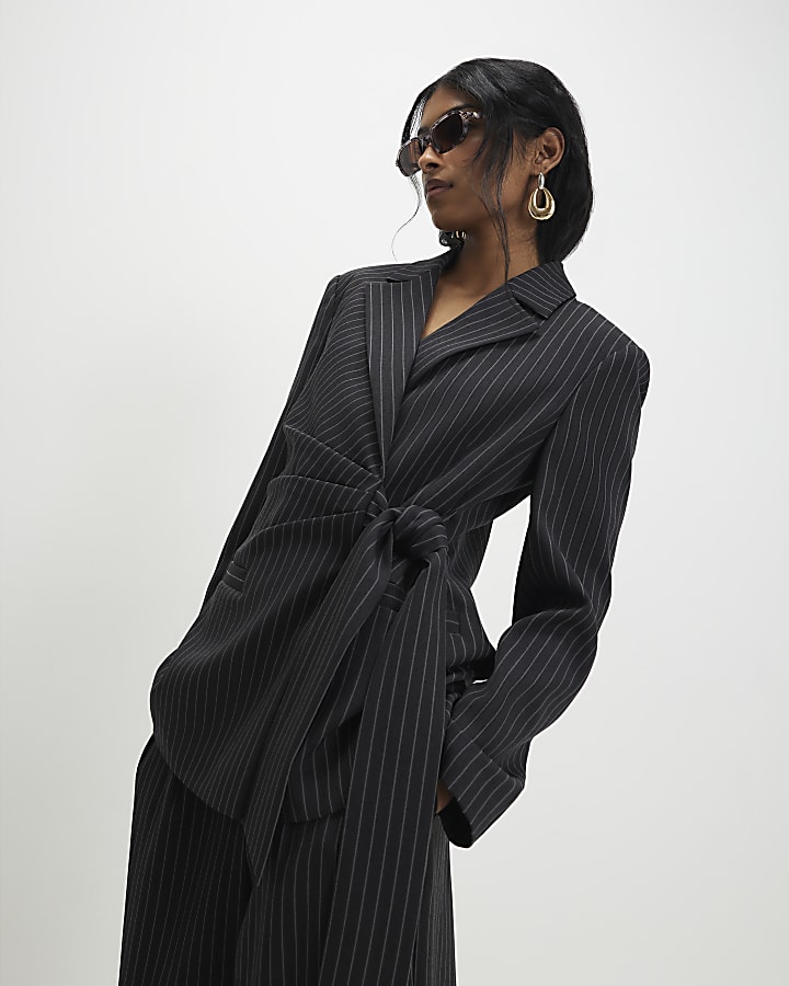 Black Stripe Tie Waist Blazer