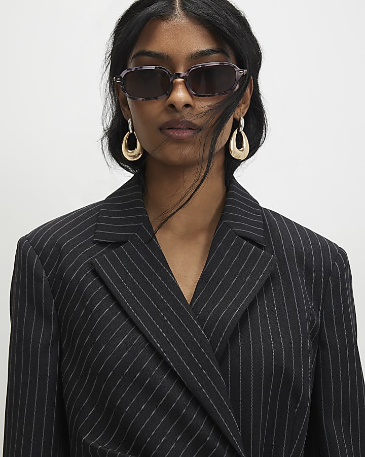 Black Stripe Tie Waist Blazer