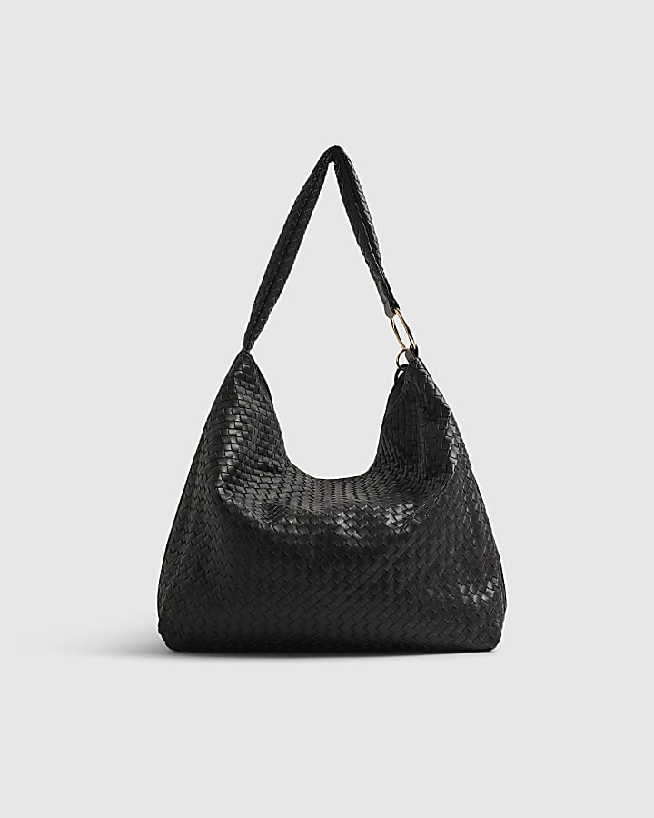Black Faux Leather Woven Slouch Shoulder Bag