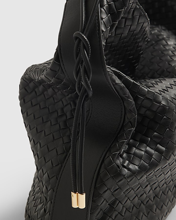 Black Faux Leather Woven Slouch Shoulder Bag
