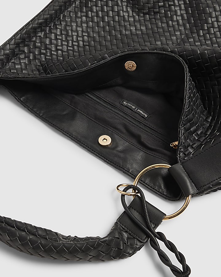 Black Faux Leather Woven Slouch Shoulder Bag