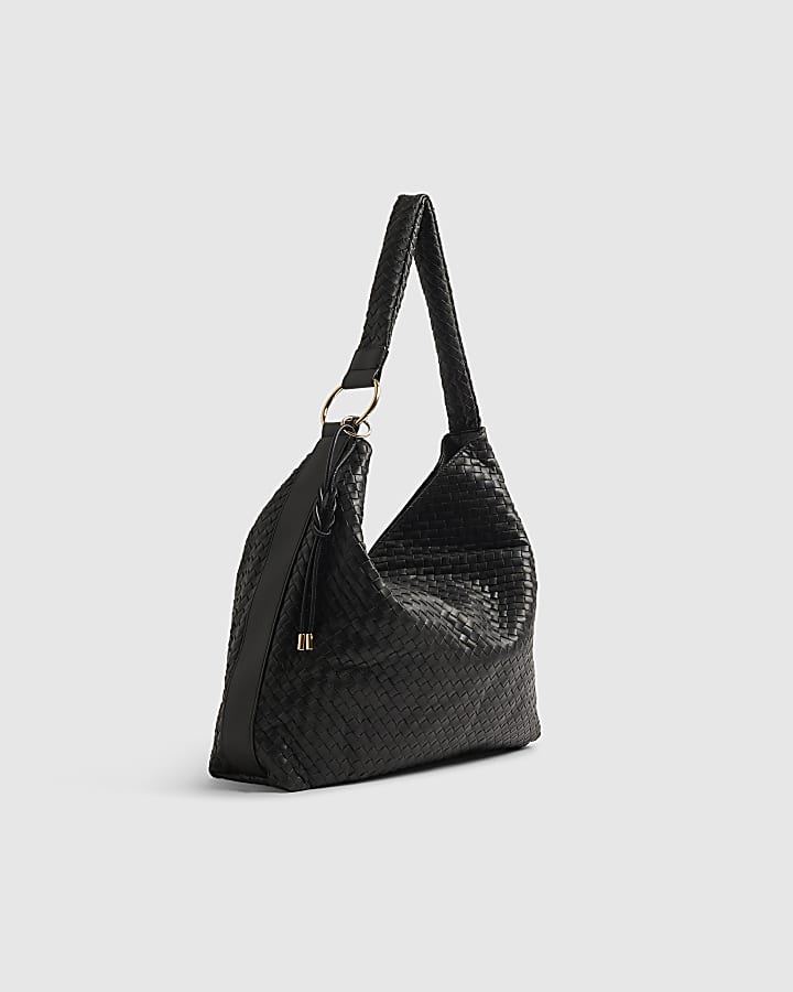 Black Faux Leather Woven Slouch Shoulder Bag