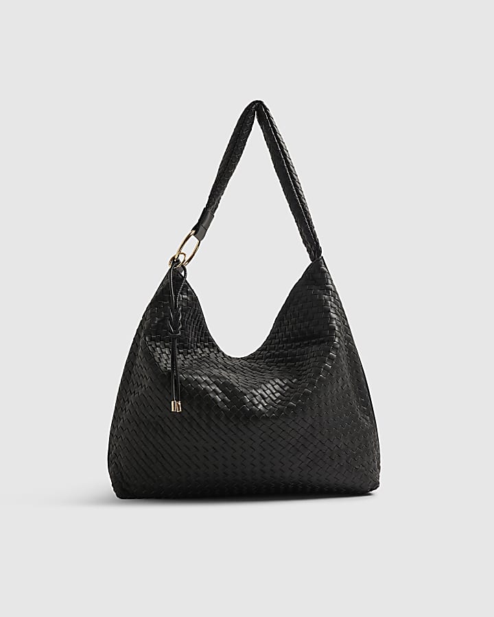 Black Faux Leather Woven Slouch Shoulder Bag