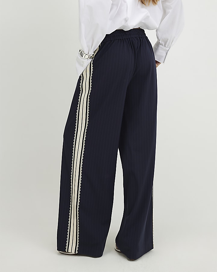 Navy Pinstripe Crochet Side Stripe Joggers
