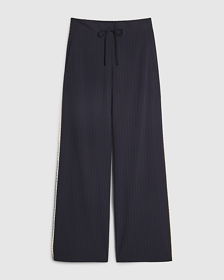 Navy Pinstripe Crochet Side Stripe Joggers