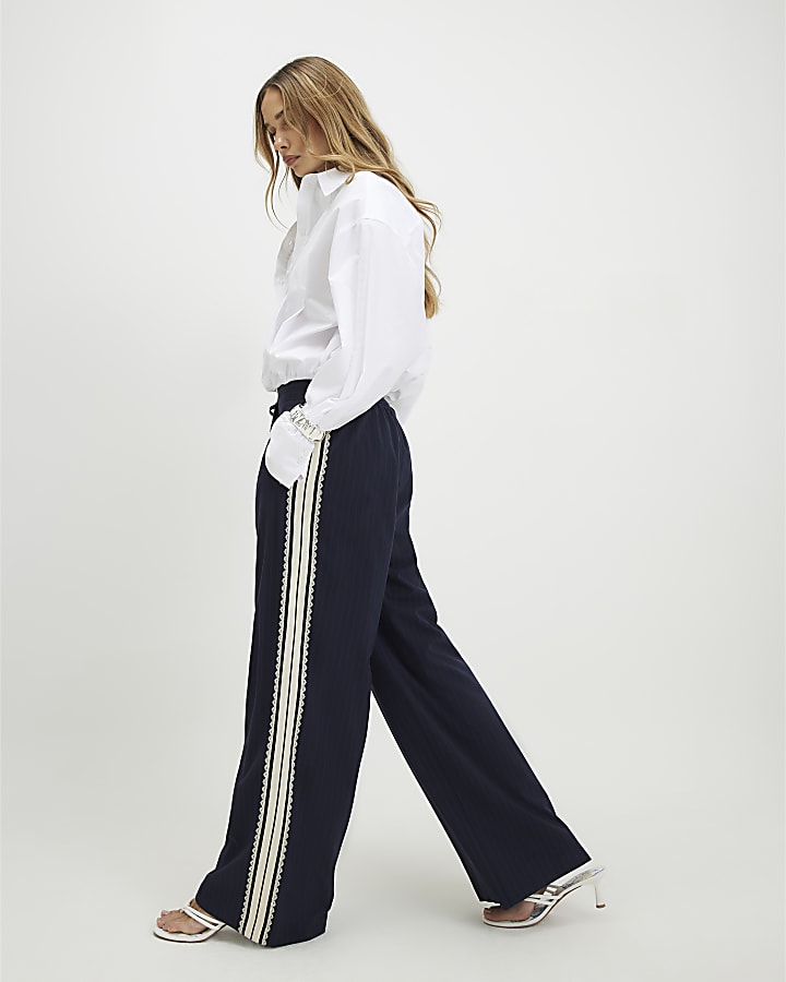Navy Pinstripe Crochet Side Stripe Joggers