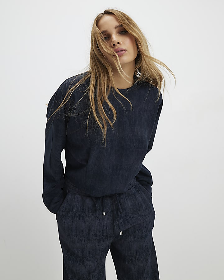 Navy Premium Crinkle Effect Batwing Top