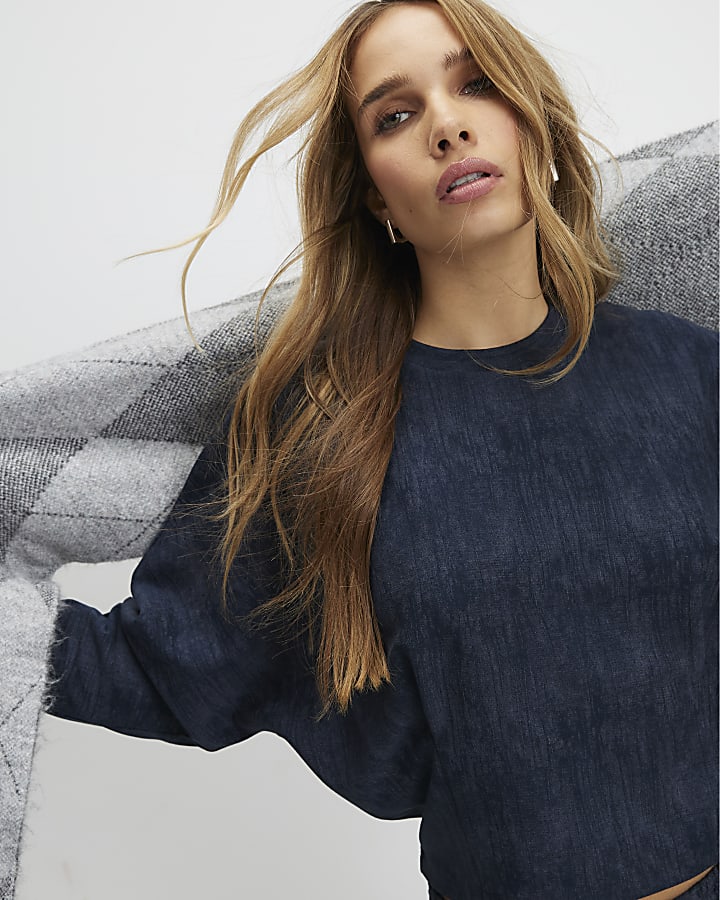 Navy Premium Crinkle Effect Batwing Top