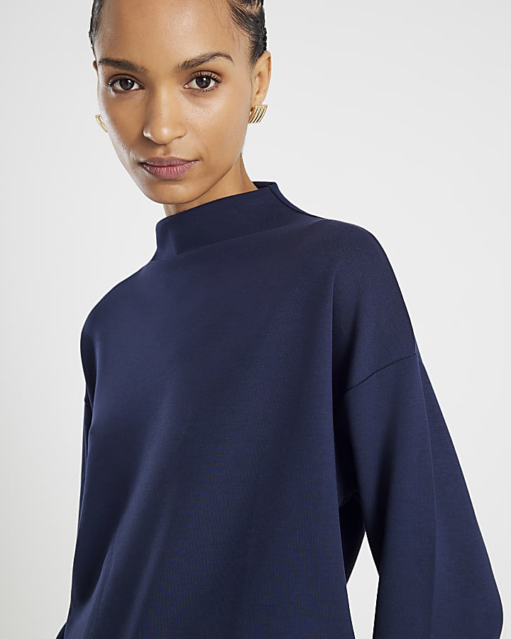 Navy Premium Long Sleeve Grown On Neck Top