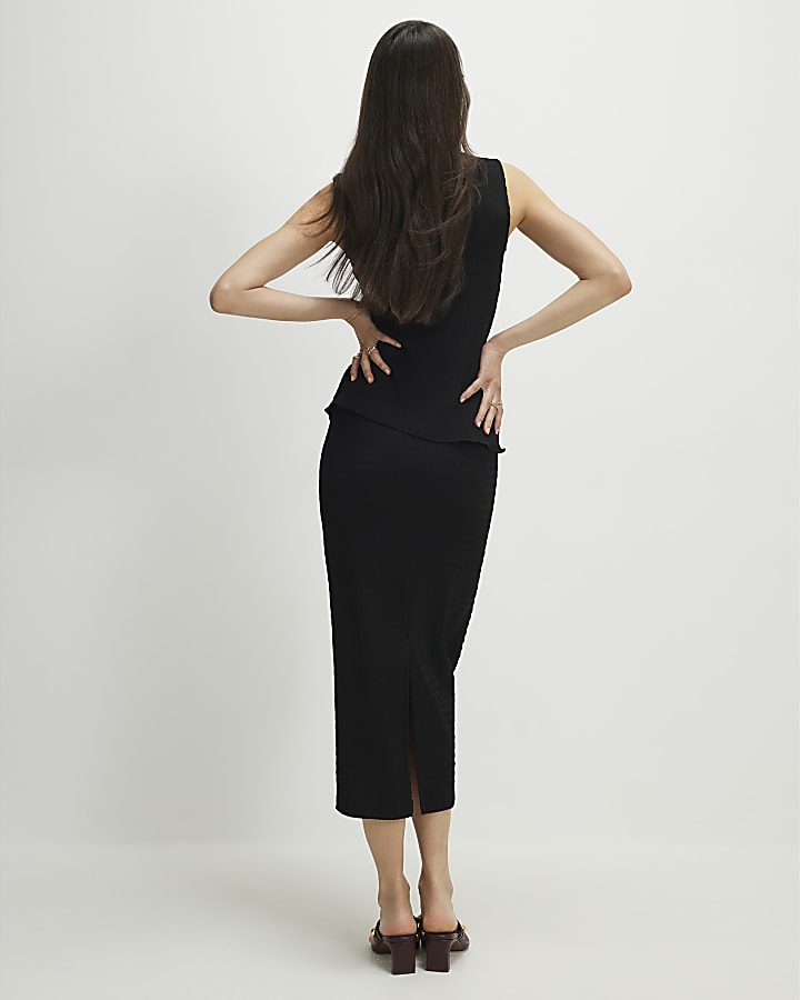 Black Textured Midi Skirt