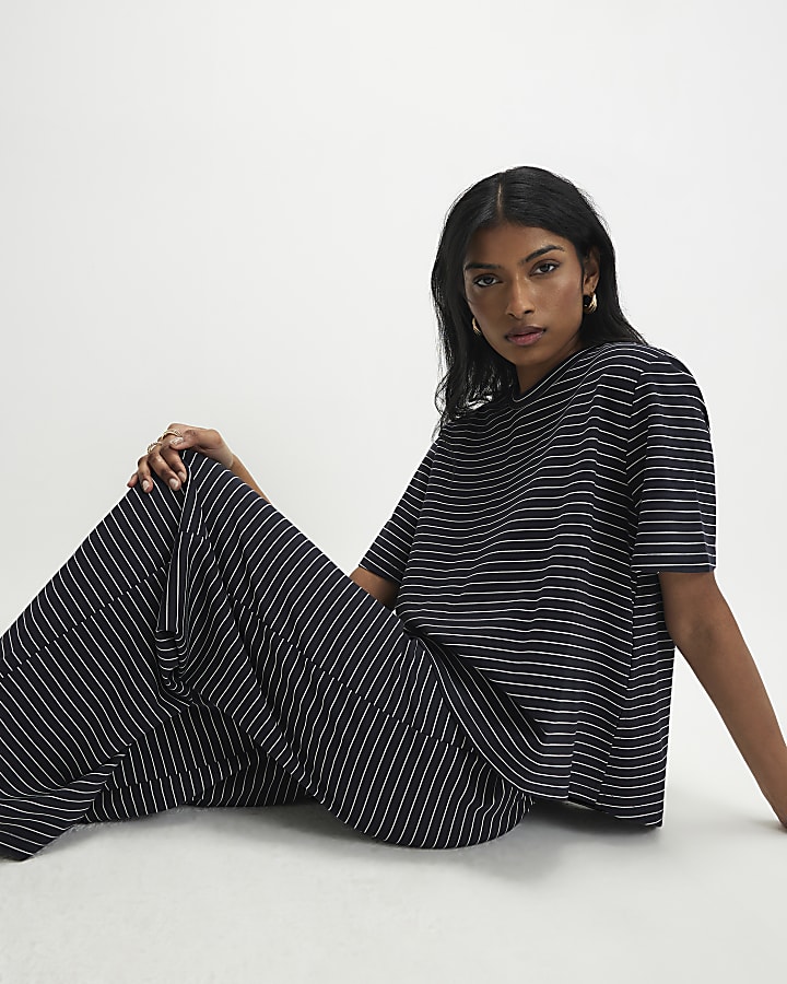 Navy Striped Wide Leg Trousers