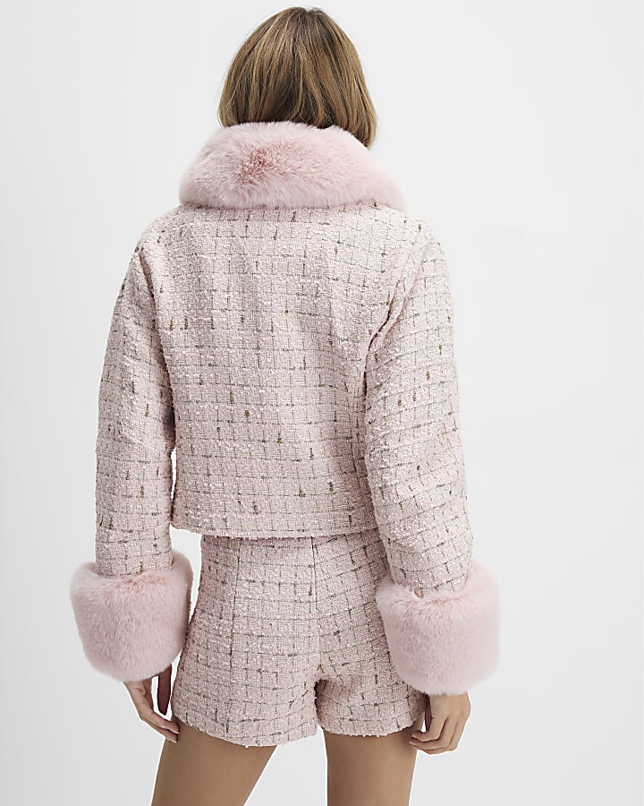 Pink Faux Fur Collar Boucle Cropped Jacket