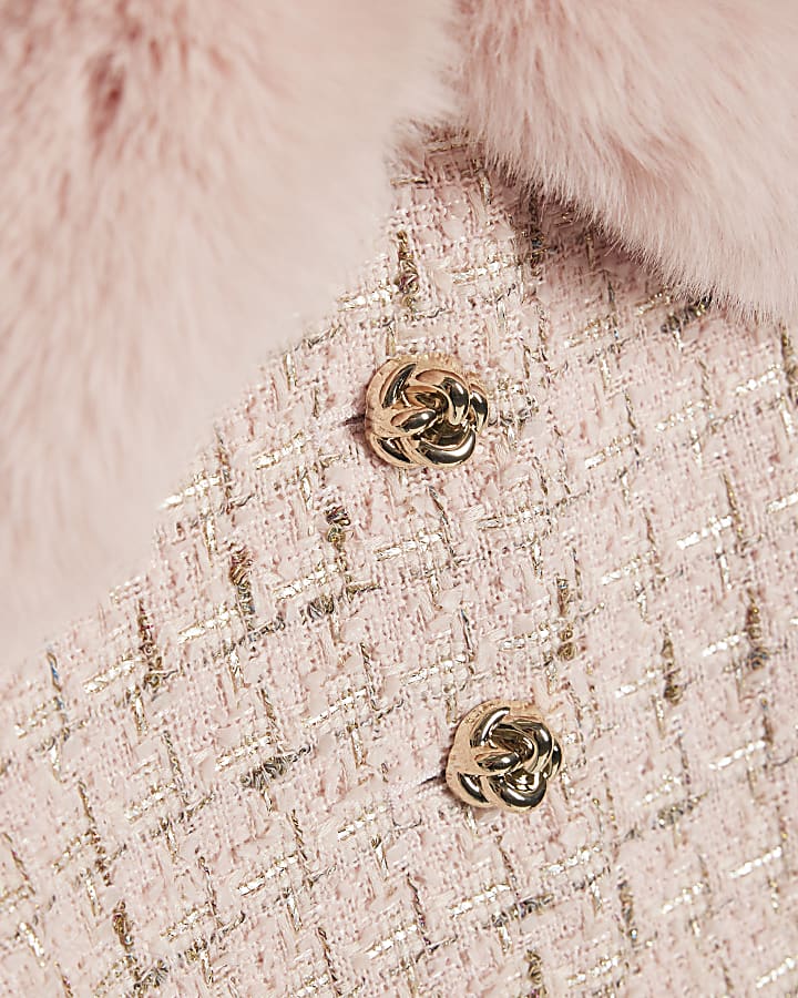 Pink Faux Fur Collar Boucle Cropped Jacket