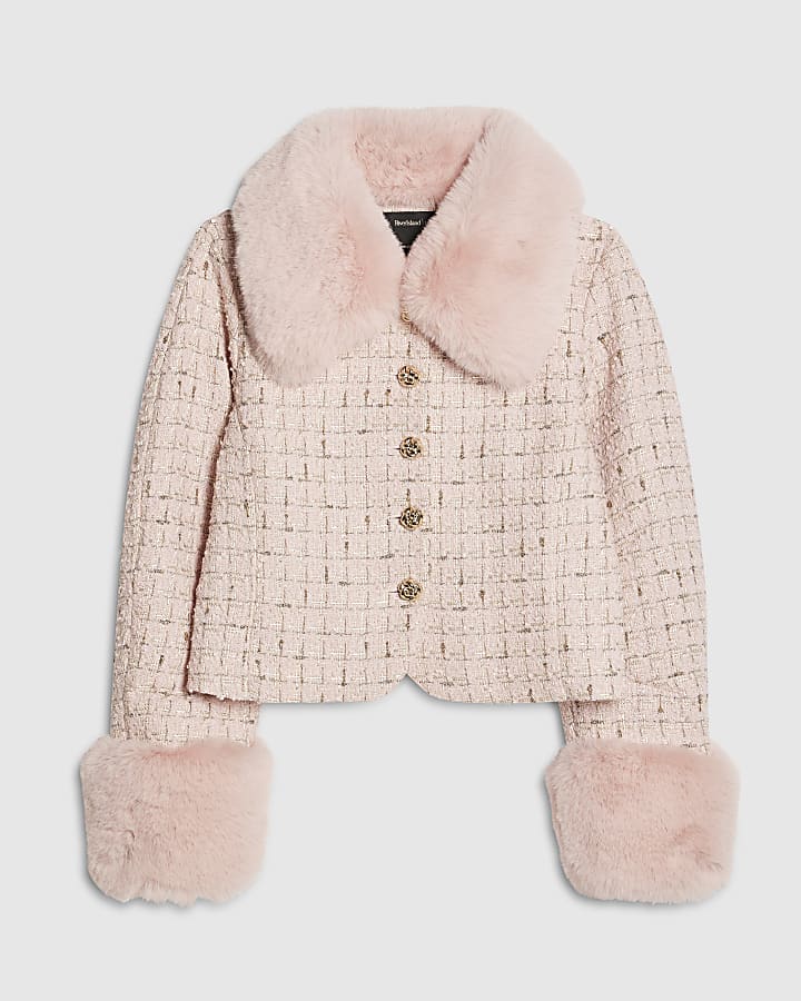 Pink Faux Fur Collar Boucle Cropped Jacket