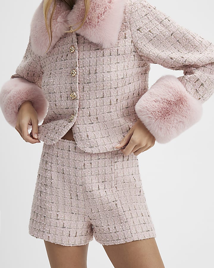 Pink Tailored Boucle Shorts