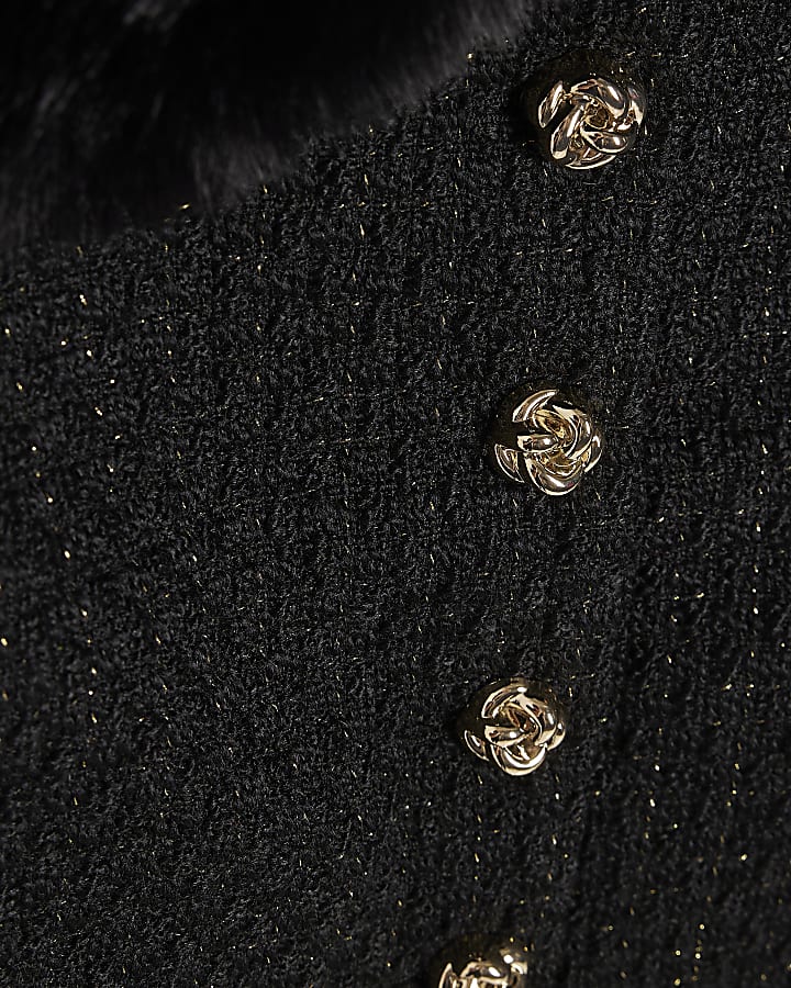 Black Faux Fur Collar Boucle Cropped Jacket