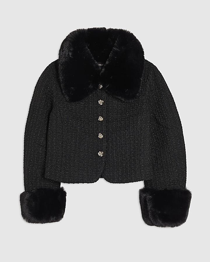 Black Faux Fur Collar Boucle Cropped Jacket