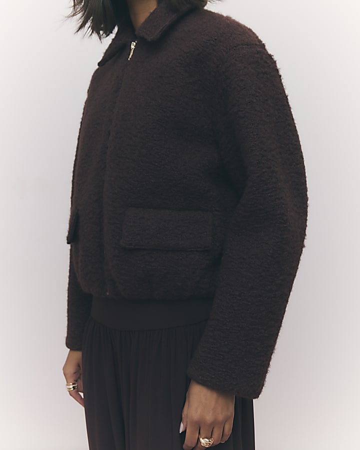 Brown Textured Harrington Jacket