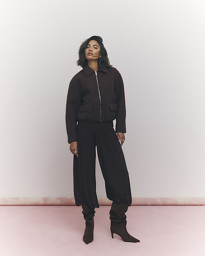 Brown Textured Harrington Jacket