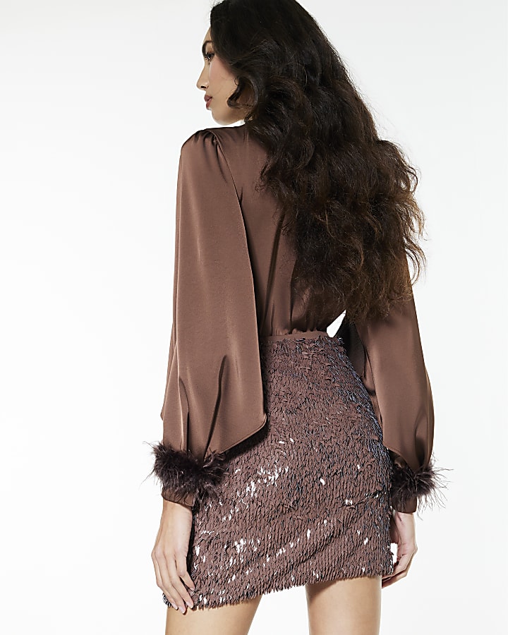 Brown Sequin Mini Skirt