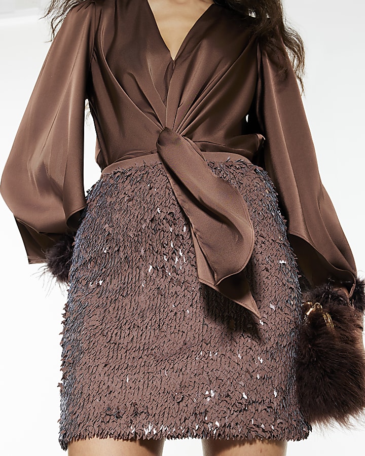 Brown Sequin Mini Skirt