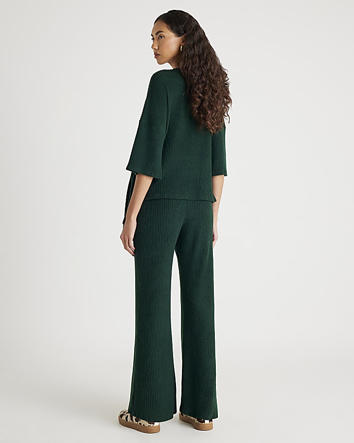 Khaki Ribbed wide leg Trousers