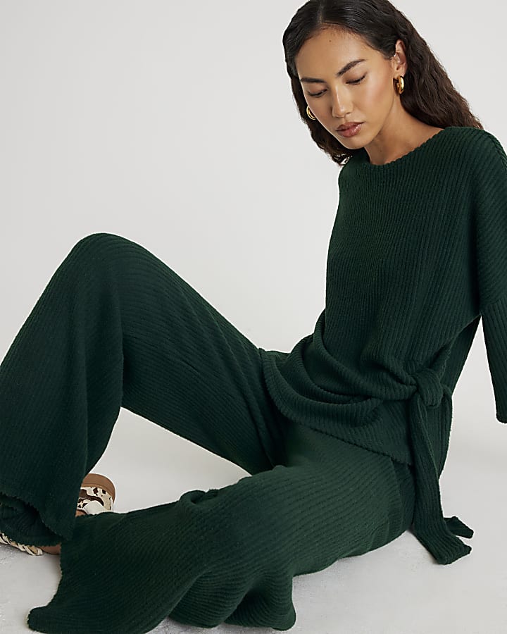 Khaki Ribbed wide leg Trousers