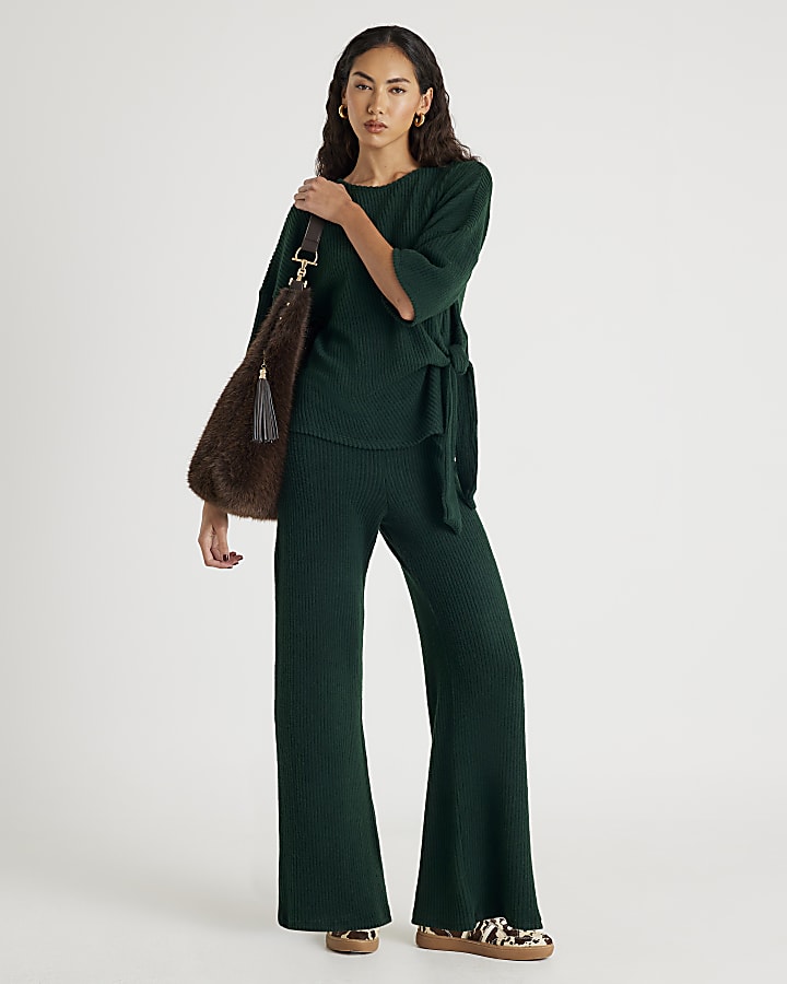 Khaki Ribbed wide leg Trousers