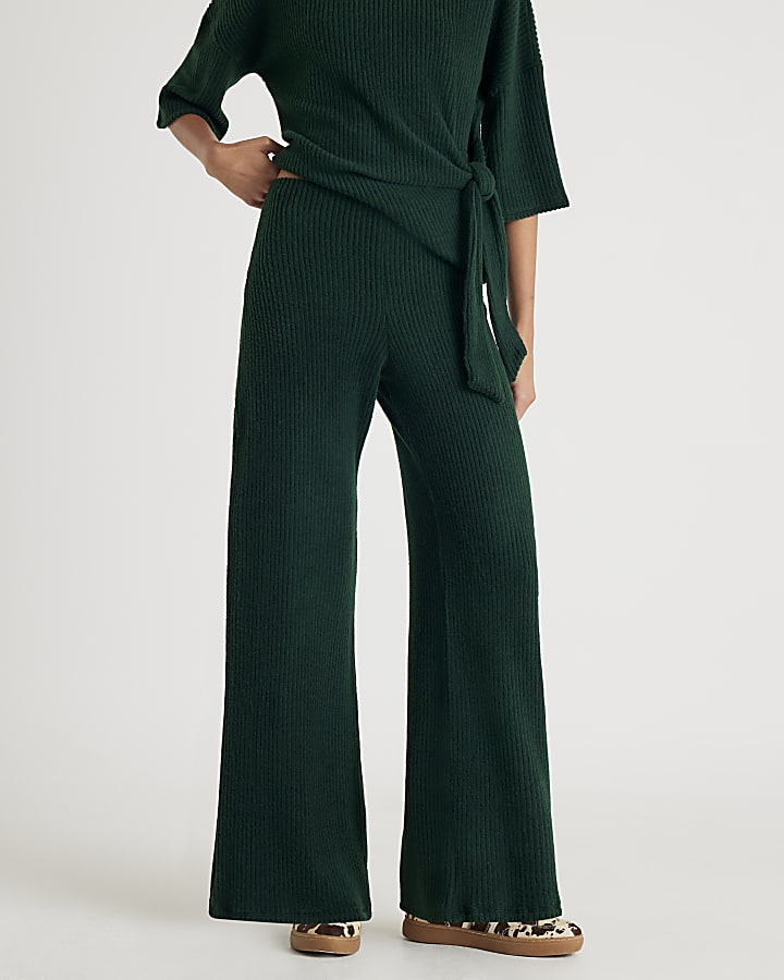 Khaki Ribbed wide leg Trousers