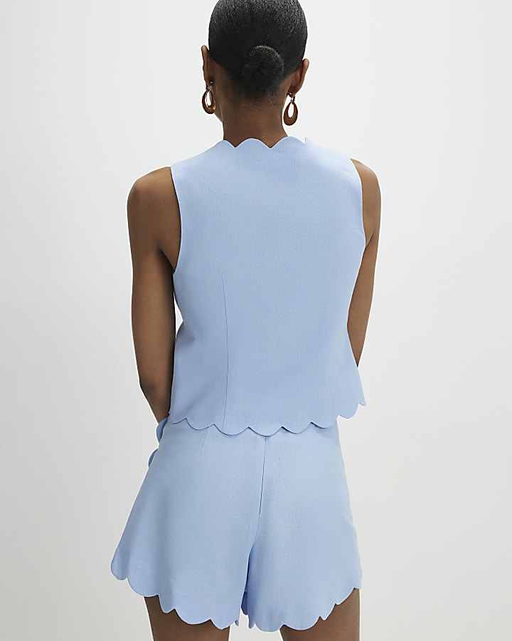 Blue Linen Blend Scallop Trim Shorts