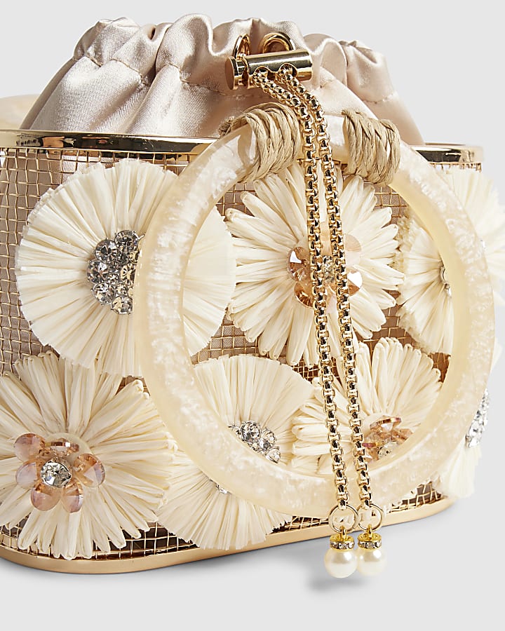 Beige Raffia Flower Basket Bag