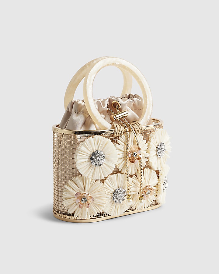 Beige Raffia Flower Basket Bag