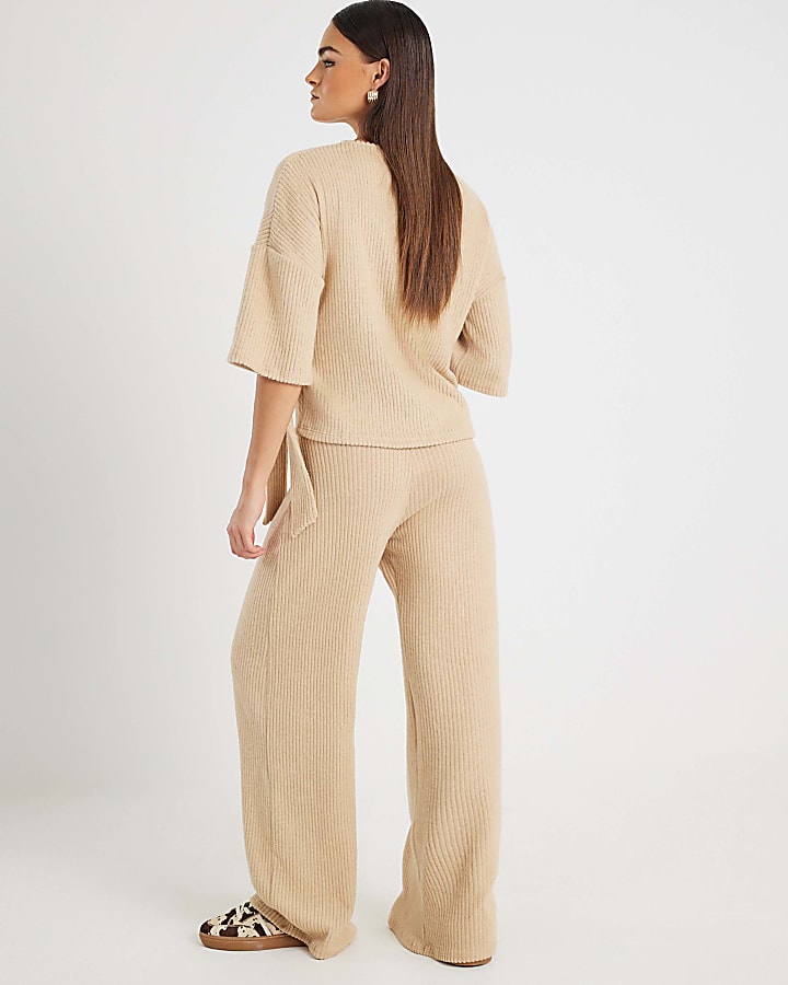 Beige Ribbed Wide Leg Trousers