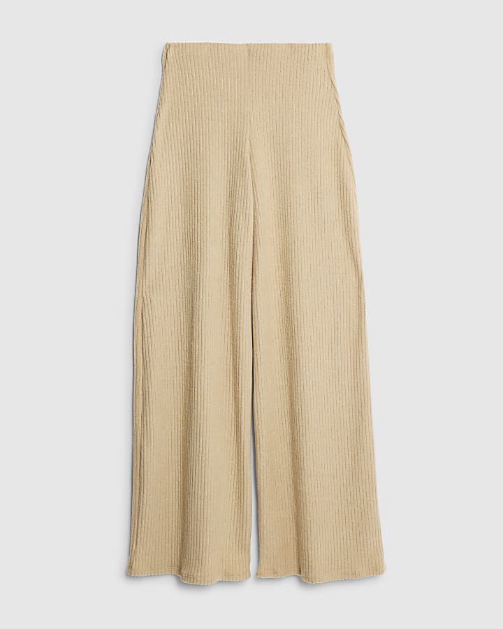Beige Ribbed Wide Leg Trousers