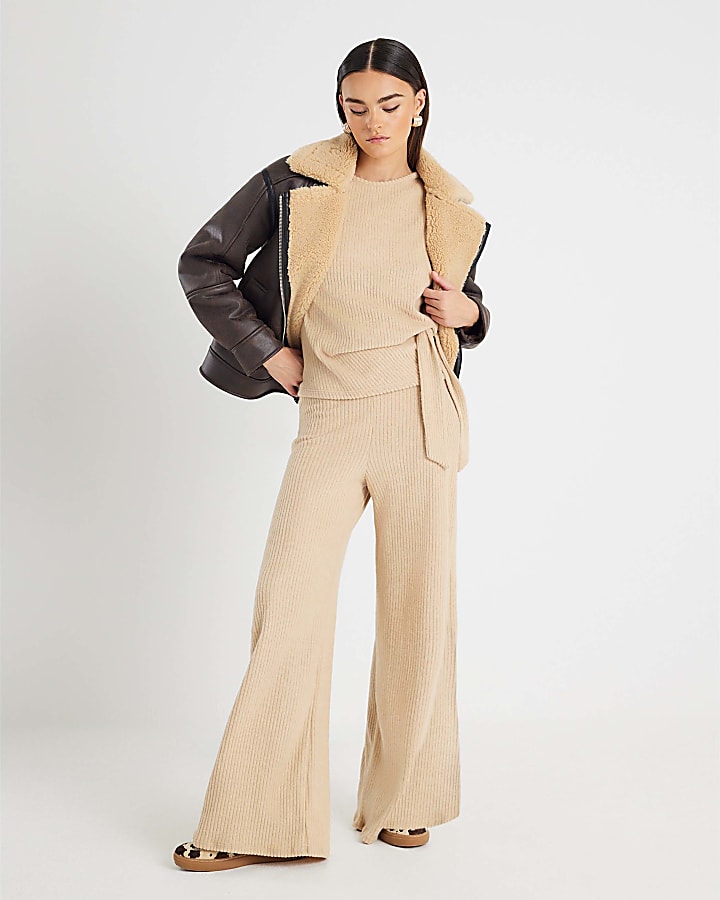 Beige Ribbed Wide Leg Trousers