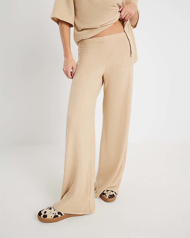 Beige Ribbed Wide Leg Trousers
