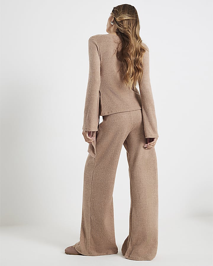 Beige Cosy Wide Ribbed Trousers