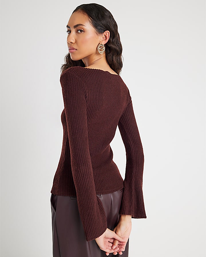 Brown Cosy Ribbed Long Sleeve Crew Neck Top