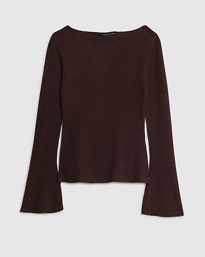 Brown Cosy Ribbed Long Sleeve Crew Neck Top