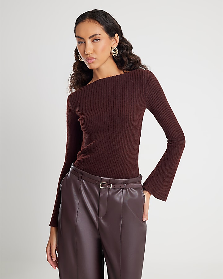 Brown Cosy Ribbed Long Sleeve Crew Neck Top