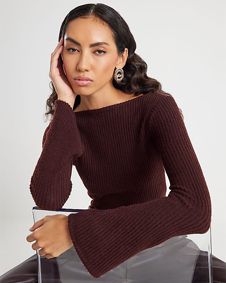 Brown Cosy Ribbed Long Sleeve Crew Neck Top