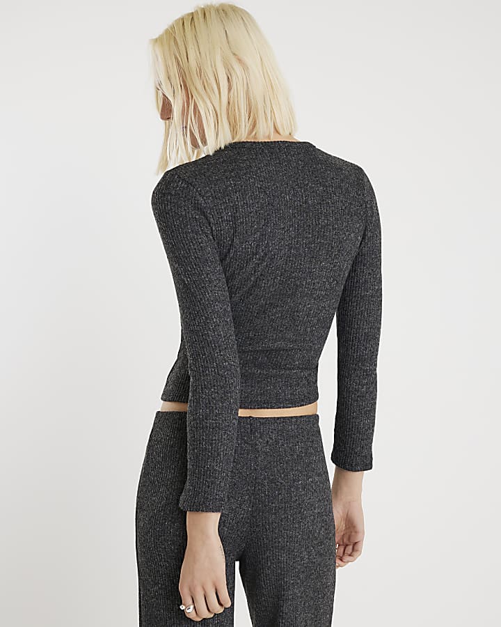 Grey Ribbed Knot Hem Cosy Top