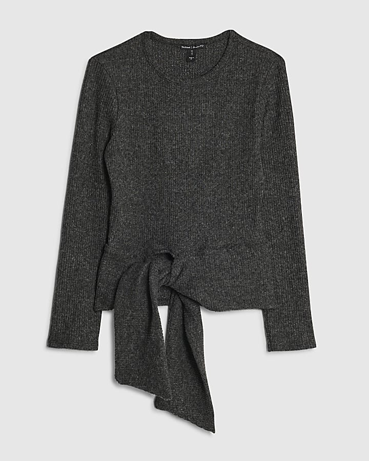 Grey Ribbed Knot Hem Cosy Top