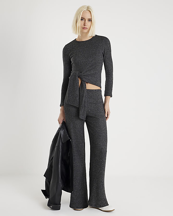 Grey Ribbed Knot Hem Cosy Top