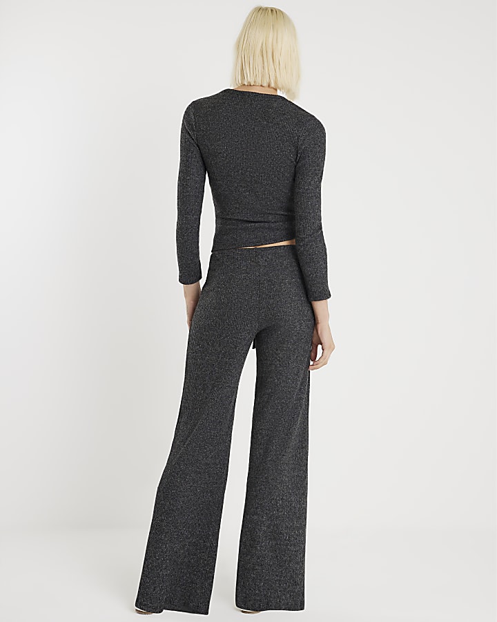 Grey Ribbed Cosy Wide Leg Trousers