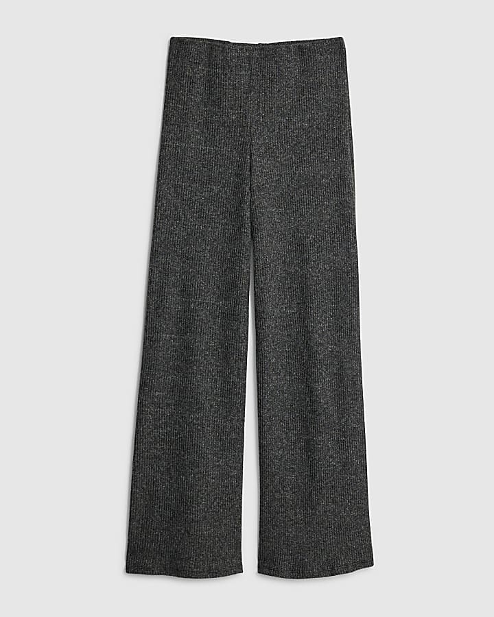 Grey Ribbed Cosy Wide Leg Trousers