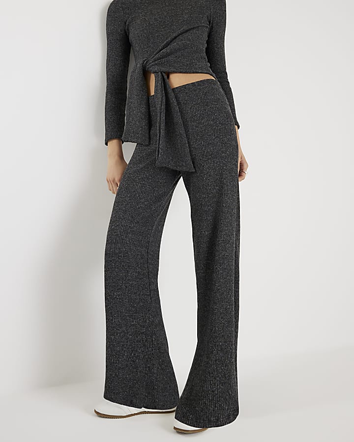 Grey Ribbed Cosy Wide Leg Trousers