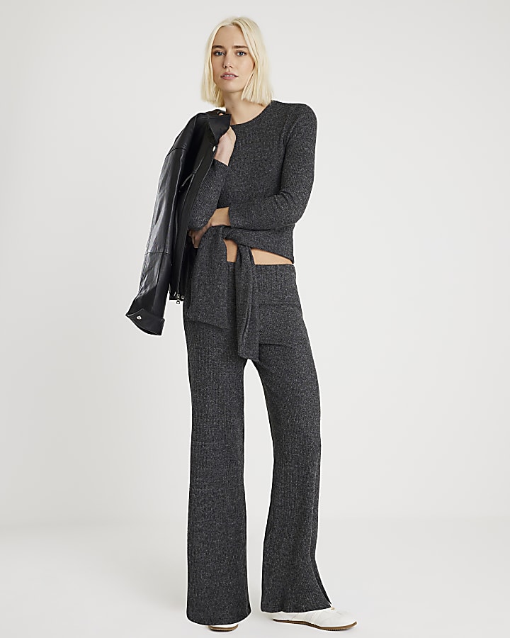 Grey Ribbed Cosy Wide Leg Trousers