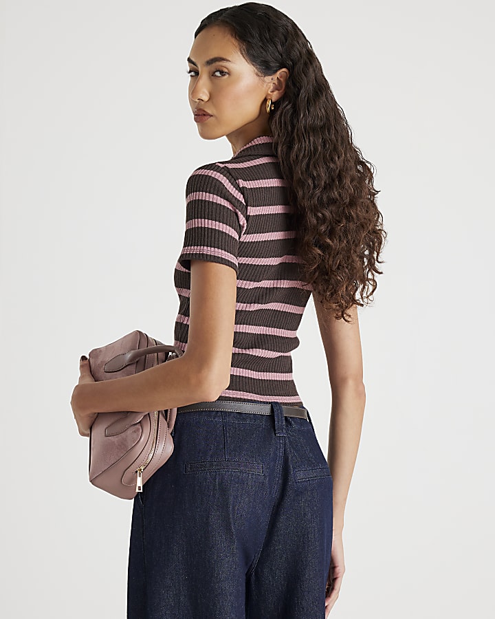 Brown Short Sleeved Striped Polo Top